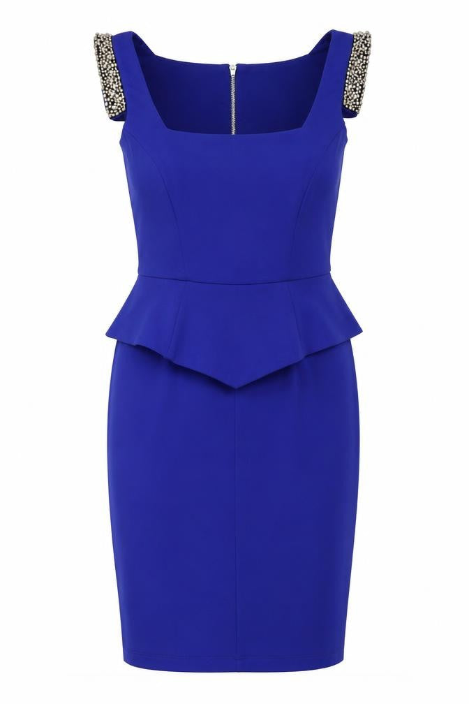 Front view of River Island women’s blue polyester pencil dress, size UK 10, square neck zip