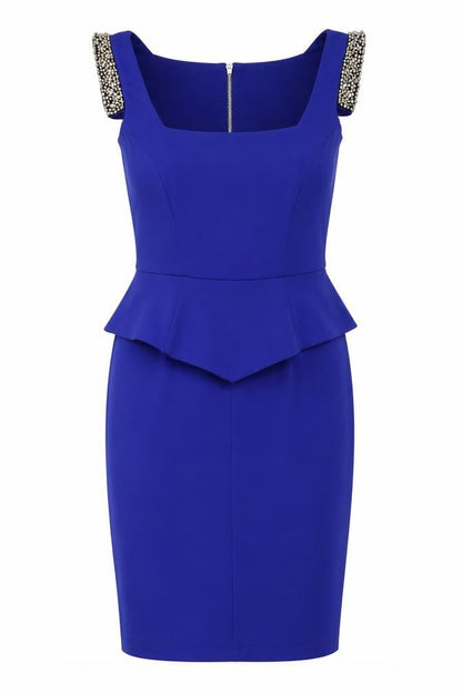 Front view of River Island women’s blue polyester pencil dress, size UK 10, square neck zip