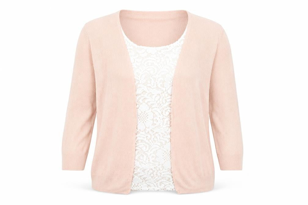 Front view of Marks & Spencer women’s pink round neck acrylic cardigan jumper, size UK 12
