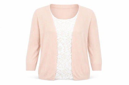 Front view of Marks & Spencer women’s pink round neck acrylic cardigan jumper, size UK 12