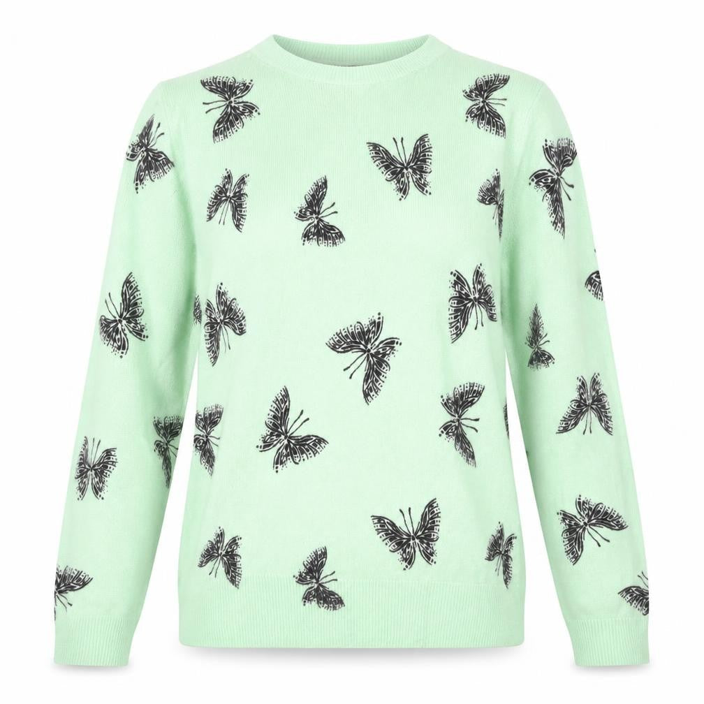 Front view of Marks & Spencer women’s green round neck geometric acrylic jumper, size UK 6