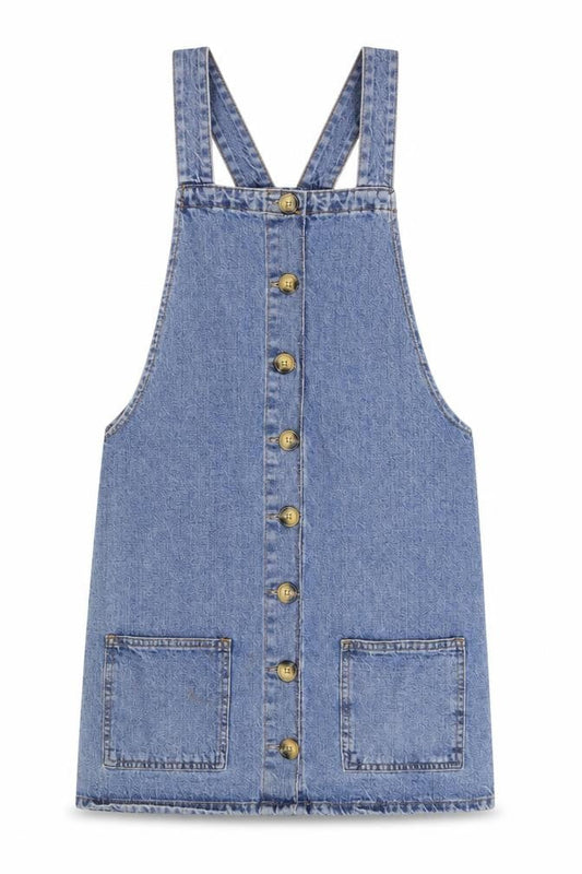 Front view of Denim Co. women’s blue cotton pinafore/dungaree dress, size UK 8, square neck button