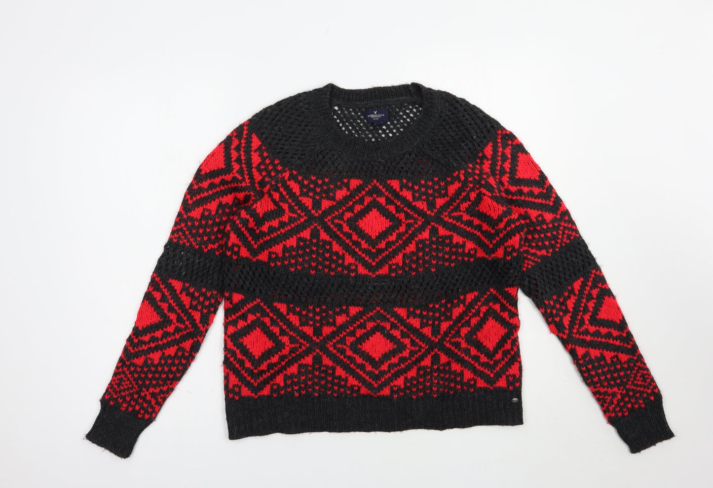 American Eagle Womens Red Crew Neck Geometric Acrylic Pullover Jumper Size S