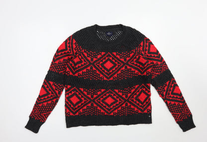 American Eagle Womens Red Crew Neck Geometric Acrylic Pullover Jumper Size S