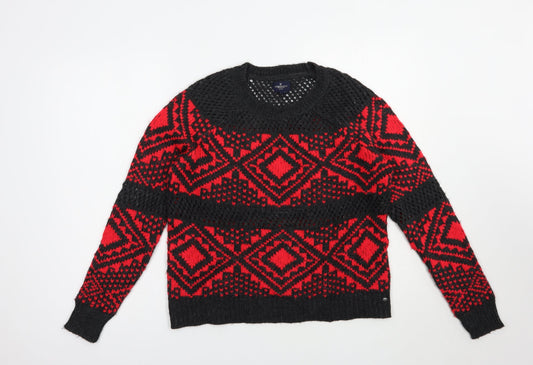 American Eagle Womens Red Crew Neck Geometric Acrylic Pullover Jumper Size S