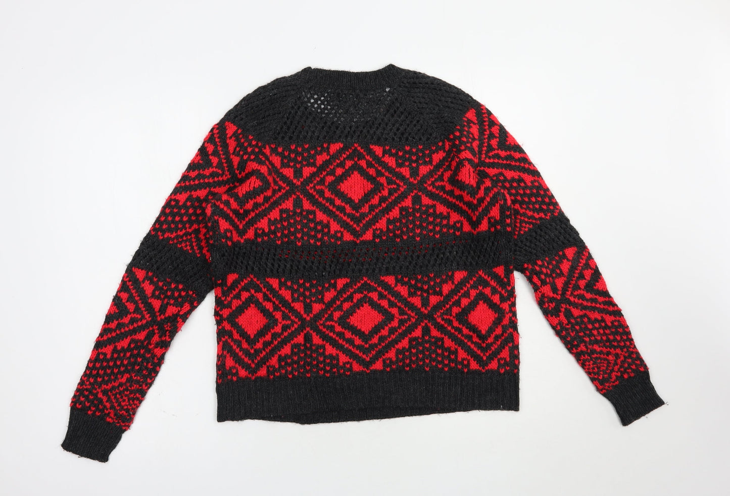 American Eagle Womens Red Crew Neck Geometric Acrylic Pullover Jumper Size S