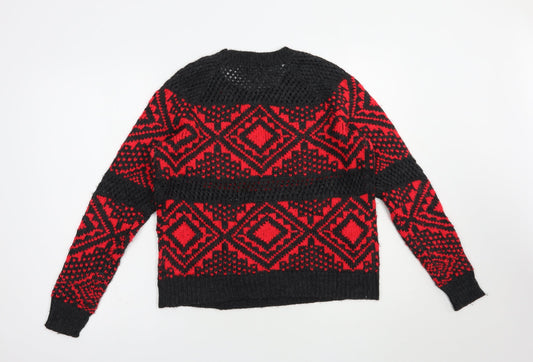 American Eagle Womens Red Crew Neck Geometric Acrylic Pullover Jumper Size S