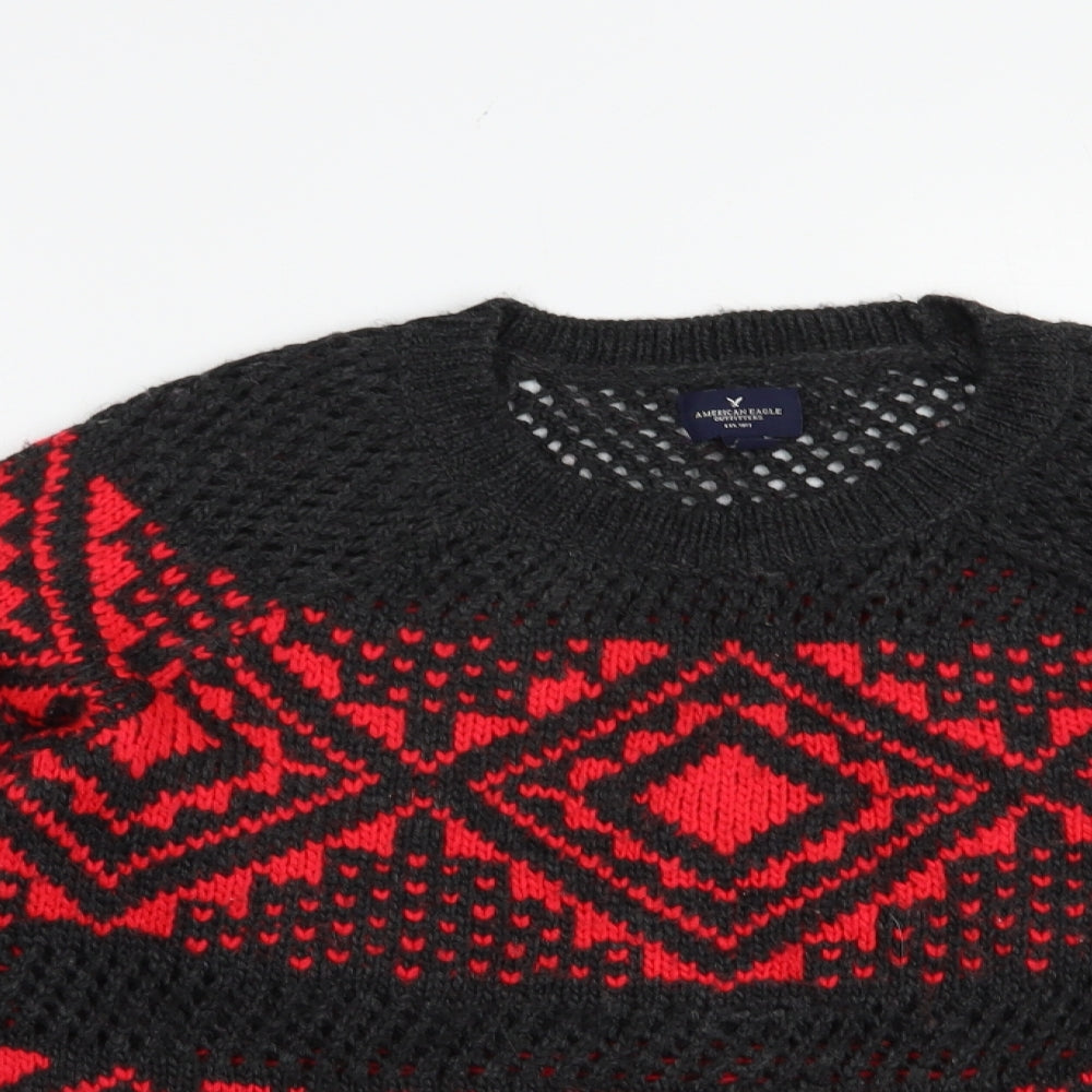 American Eagle Womens Red Crew Neck Geometric Acrylic Pullover Jumper Size S