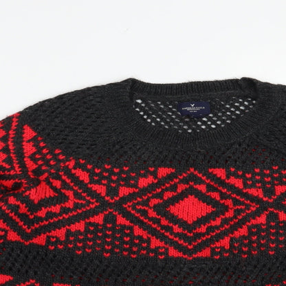 American Eagle Womens Red Crew Neck Geometric Acrylic Pullover Jumper Size S