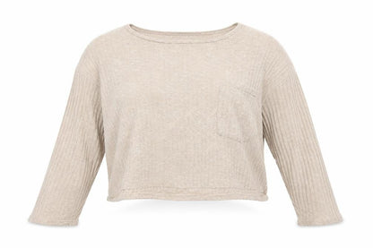 Front view of Topshop women’s beige polyester cropped blouse, size UK 10, boat neck