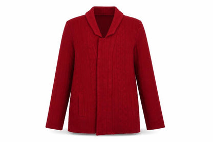 Front view of River Island women’s red collared acrylic cardigan jumper, size UK 14