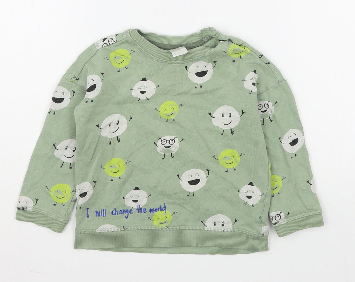 Additional front view of H&M boys’ green geometric cotton pullover sweatshirt, size 2, years pullover
