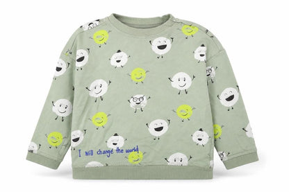 Front view of H&M boys’ green geometric cotton pullover sweatshirt, size 2, years pullover