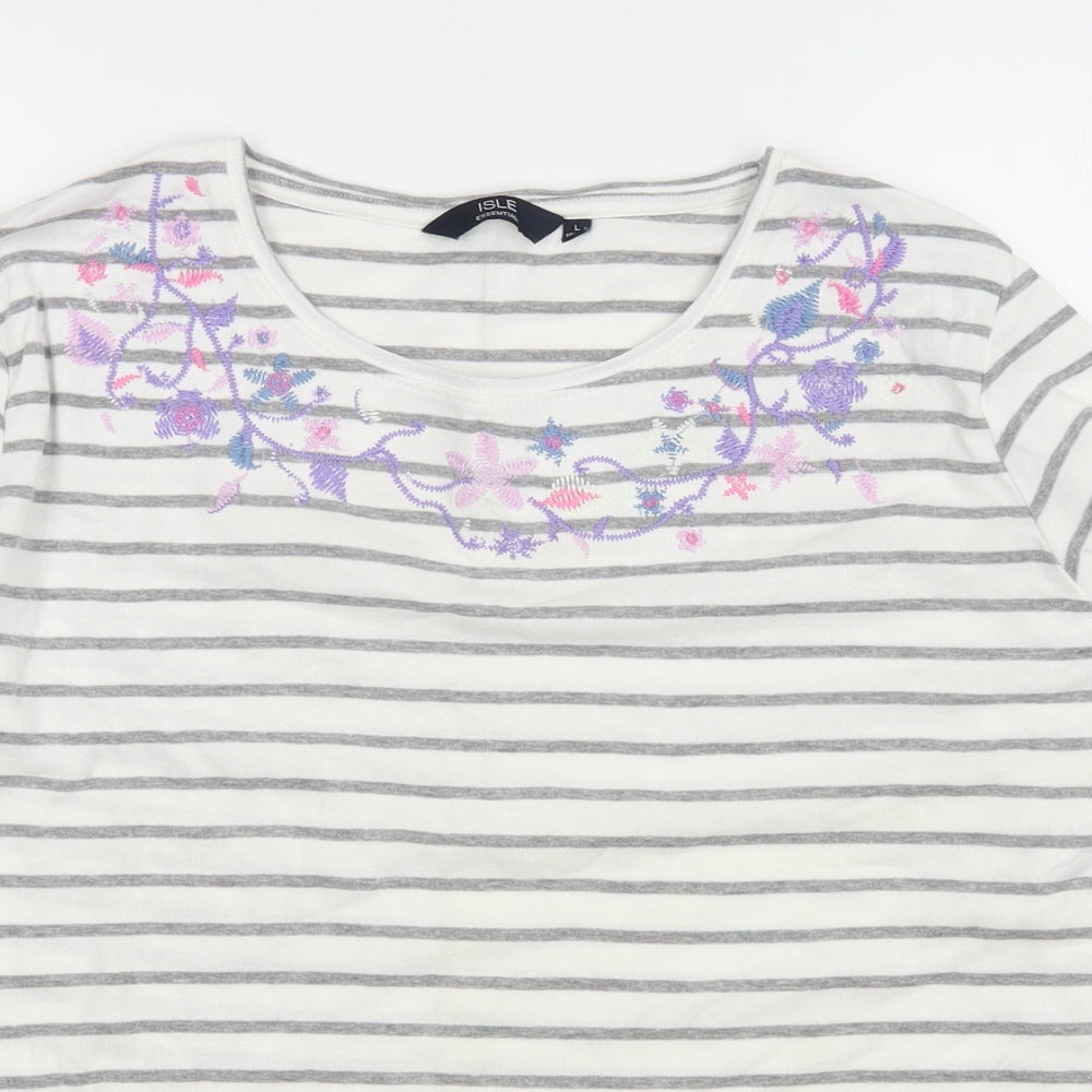 EWM Womens White Striped Cotton Basic T-Shirt Size L Boat Neck