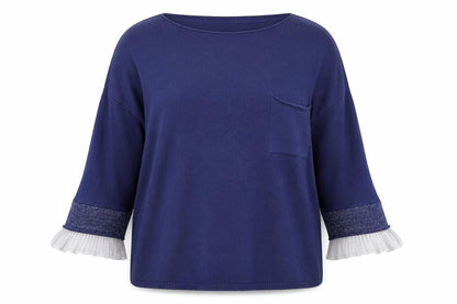 Front view of Obsession women’s blue boat neck acrylic jumper, size L