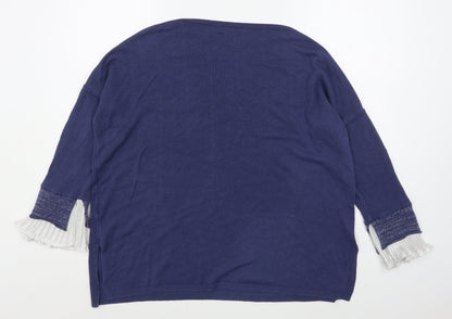 Back view of Obsession women’s blue boat neck acrylic jumper, size L