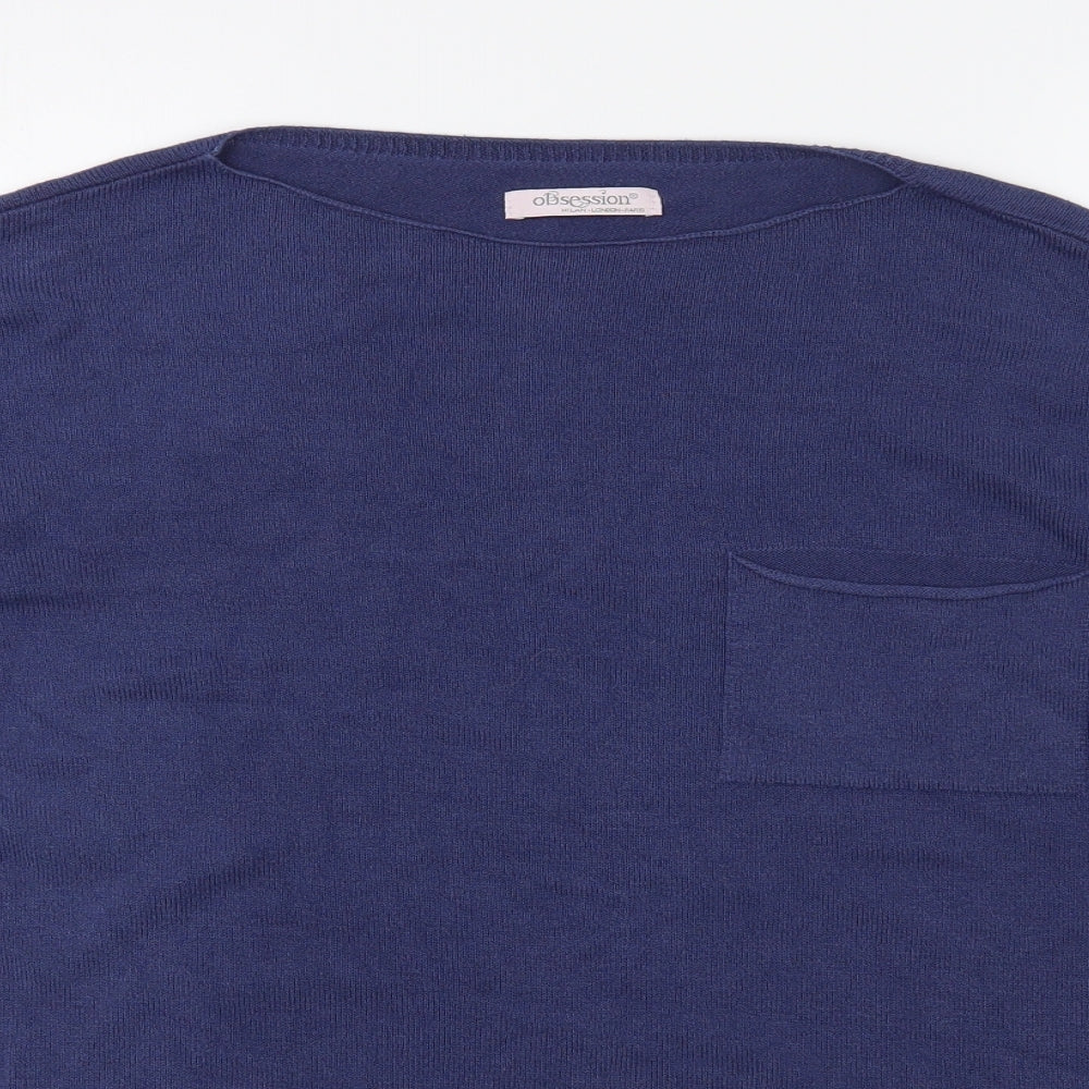 Close-up detail of Obsession women’s blue boat neck acrylic jumper, size L