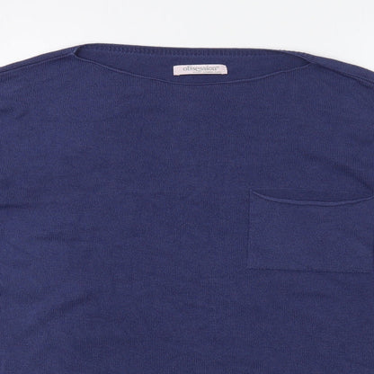 Close-up detail of Obsession women’s blue boat neck acrylic jumper, size L