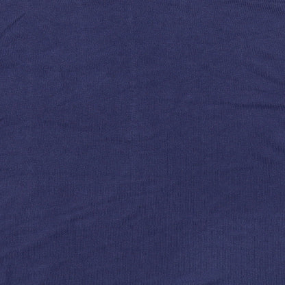 Brand and care label for Obsession women’s blue boat neck acrylic jumper, size L