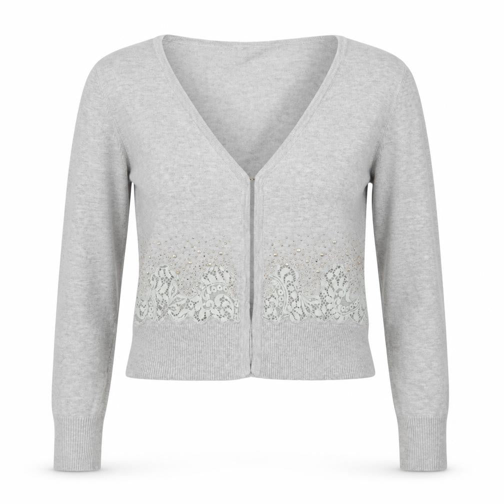 Front view of Preworn women’s grey v-neck nylon cardigan jumper, size L