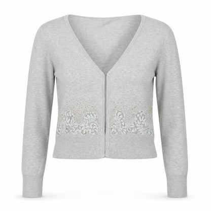 Front view of Preworn women’s grey v-neck nylon cardigan jumper, size L