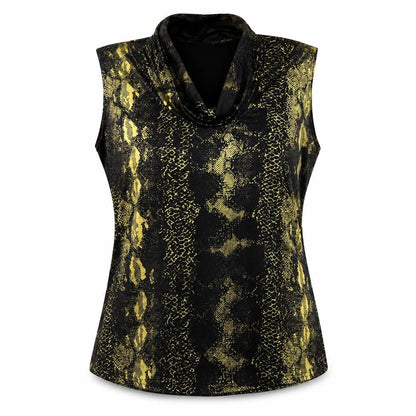 Front view of Eye Casual women’s gold animal print polyester basic blouse, size 2XL, cowl neck