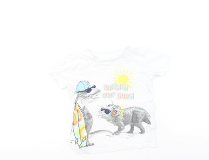 Dunnes Stores Boys White  Cotton Basic Casual Size 2-3 Years Round Neck  - Dinosaur, SUMMER SURF DUDE!