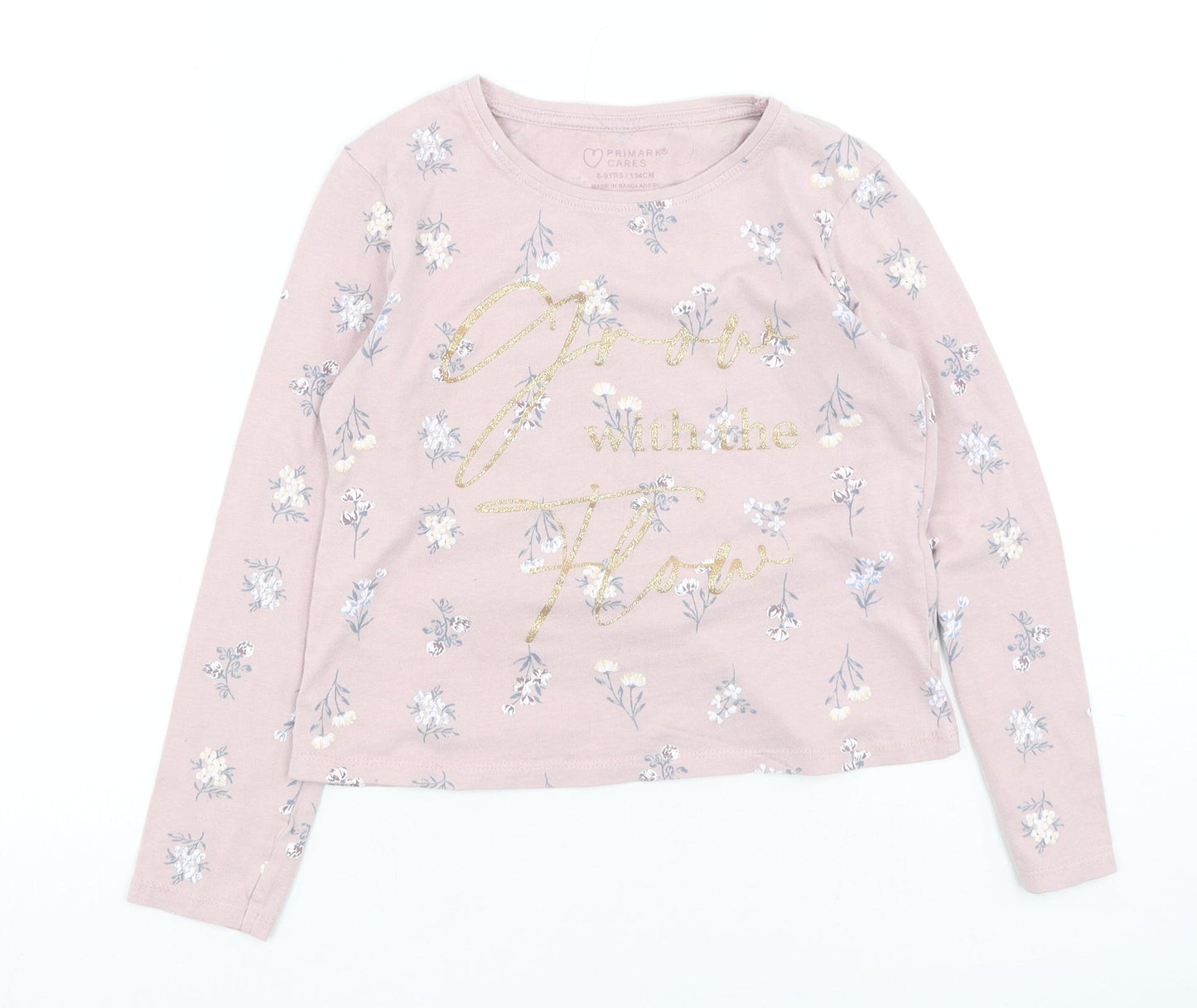 Primark  Girls Pink Floral Cotton Basic Casual Size 6-7 Years Round Neck