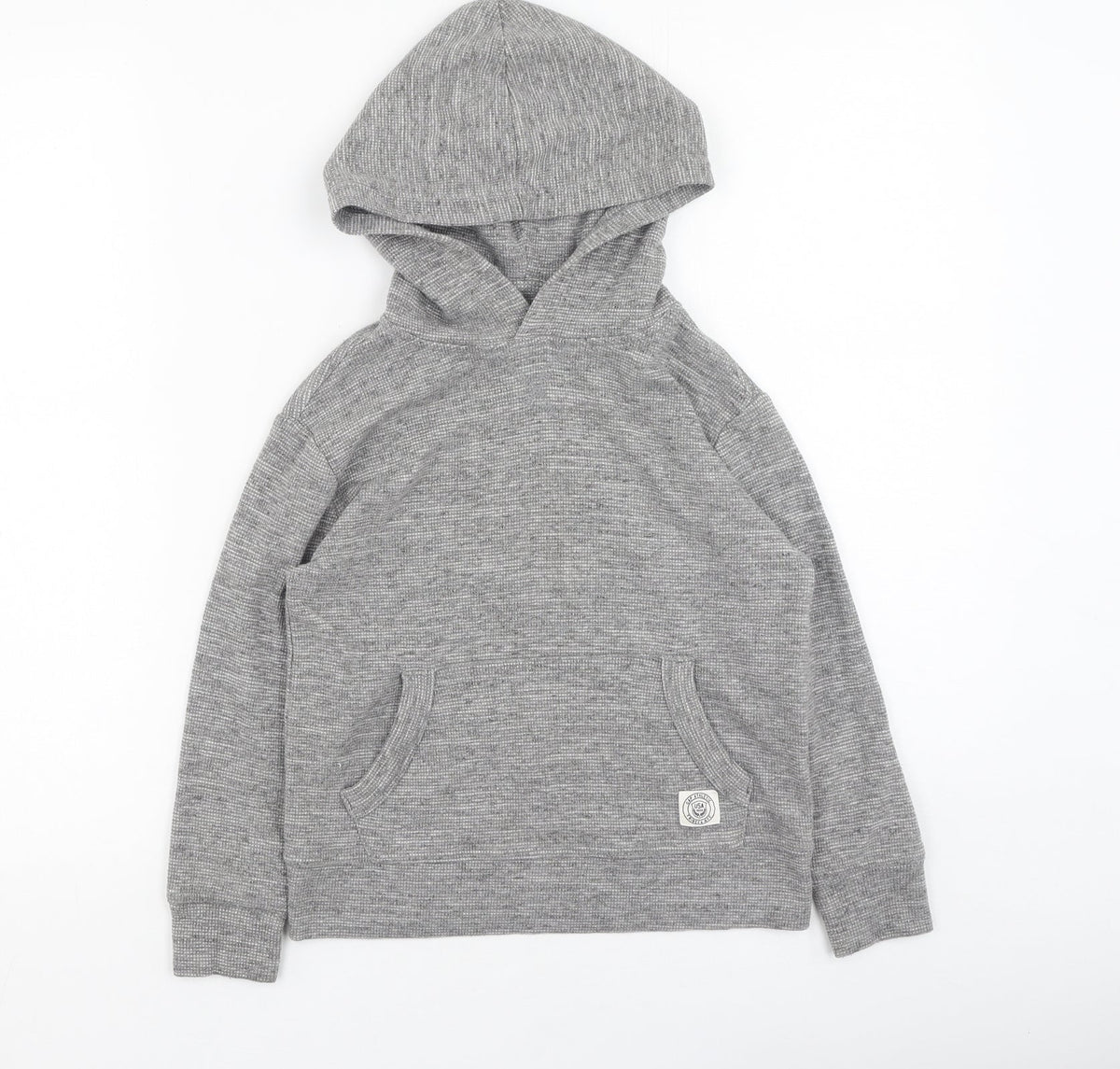 Front view of Gap boys’ grey cotton pullover hoodie, size S
