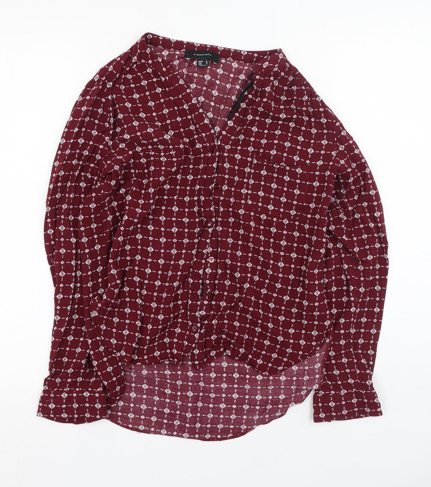 Primark  Womens Red Geometric Viscose Basic Button-Up Size 10 V-Neck