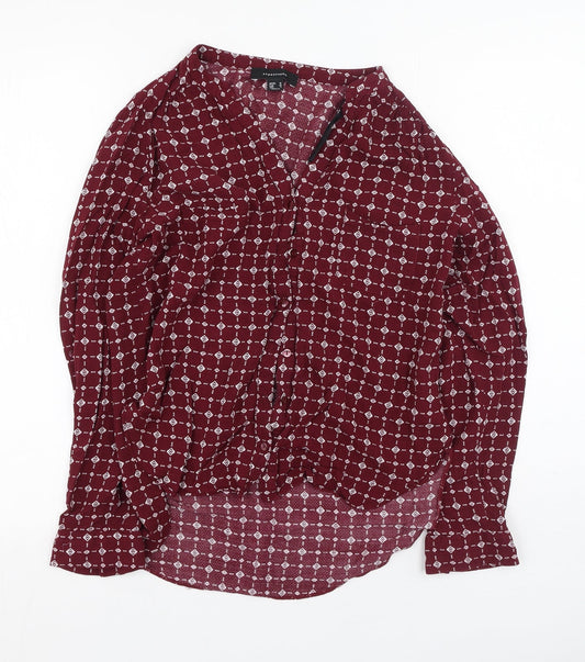 Primark  Womens Red Geometric Viscose Basic Button-Up Size 10 V-Neck