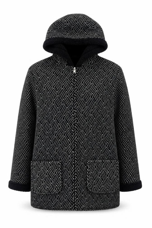 Front view of Bonmarché women’s black geometric jacket, size S, zip