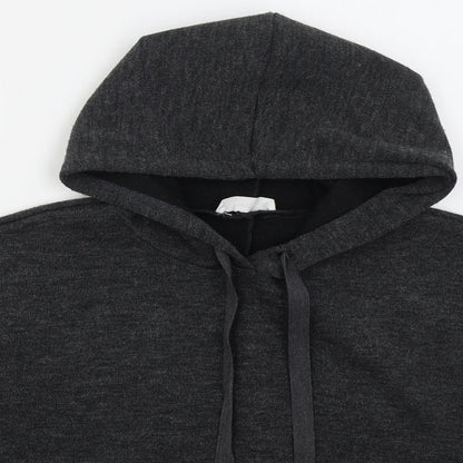 Close-up detail of Mango women’s grey polyester pullover hoodie, size M, pullover