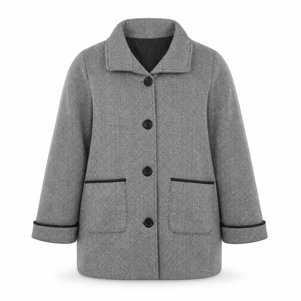 Front view of Anne De Lancay women’s black geometric overcoat coat, size UK 14, button - black and white