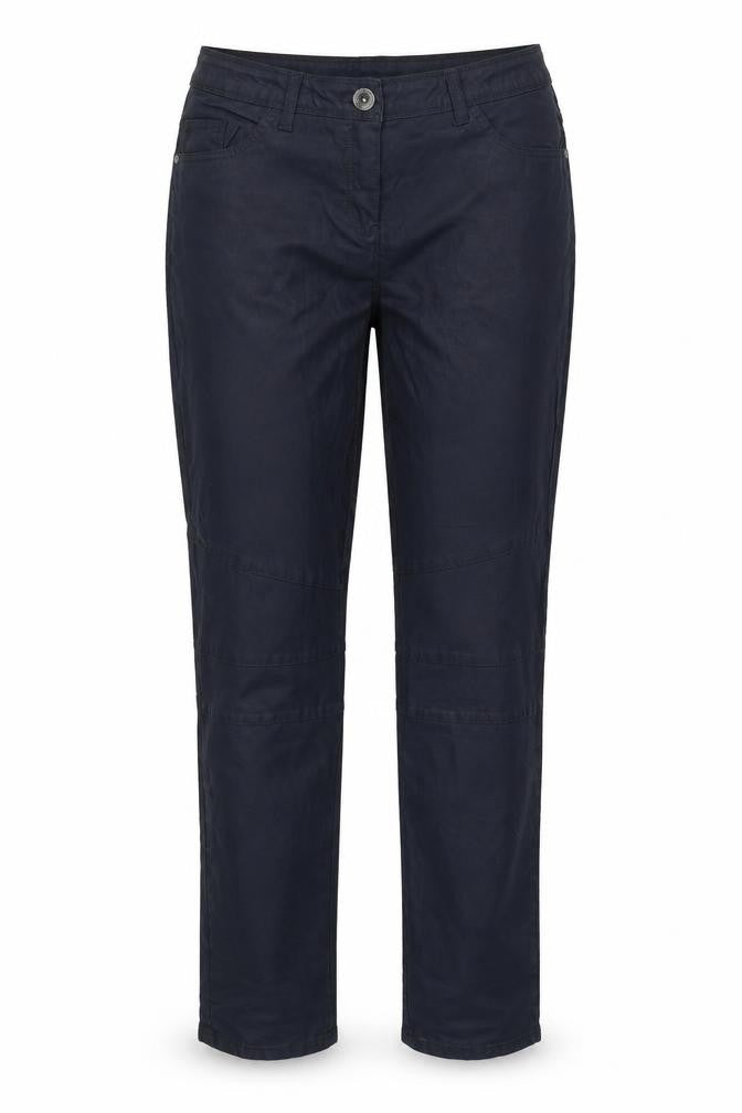 Front view of Up Fashion women’s blue cotton trousers, size UK 16, 31.5-inch leg regular button