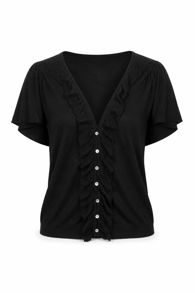 Front view of Autonomy women’s black v-neck cotton cardigan jumper, size UK 12