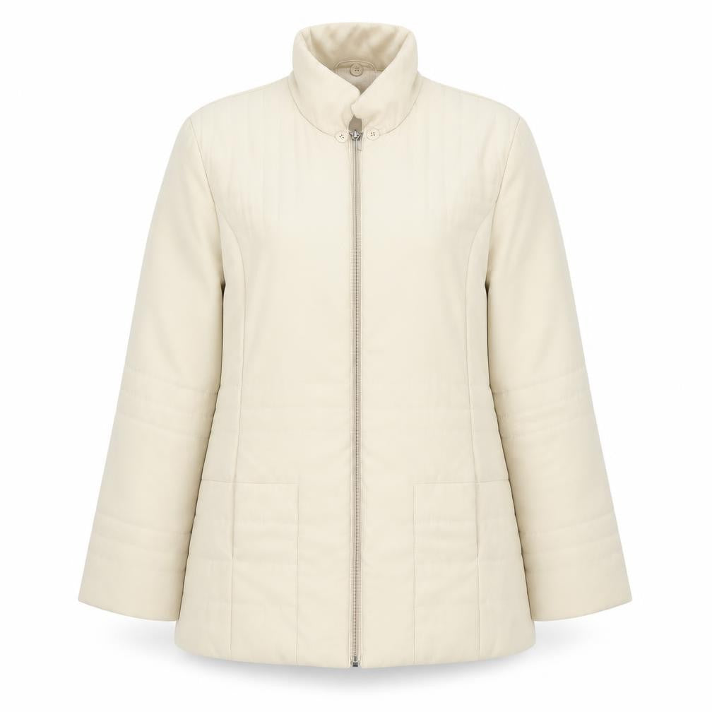 Front view of Grey & Osbourne women’s ivory pea coat coat, size UK 12, zip
