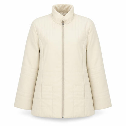 Front view of Grey & Osbourne women’s ivory pea coat coat, size UK 12, zip