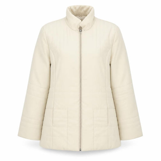 Front view of Grey & Osbourne women’s ivory pea coat coat, size UK 12, zip