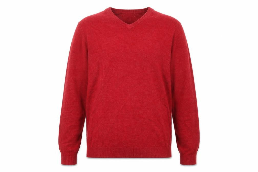 Front view of Atlantic Bay men’s red v-neck acrylic jumper, size L