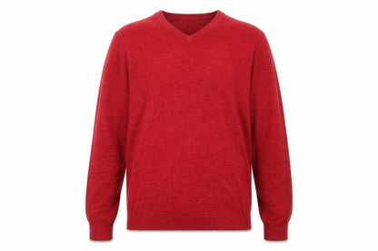 Front view of Atlantic Bay men’s red v-neck acrylic jumper, size L