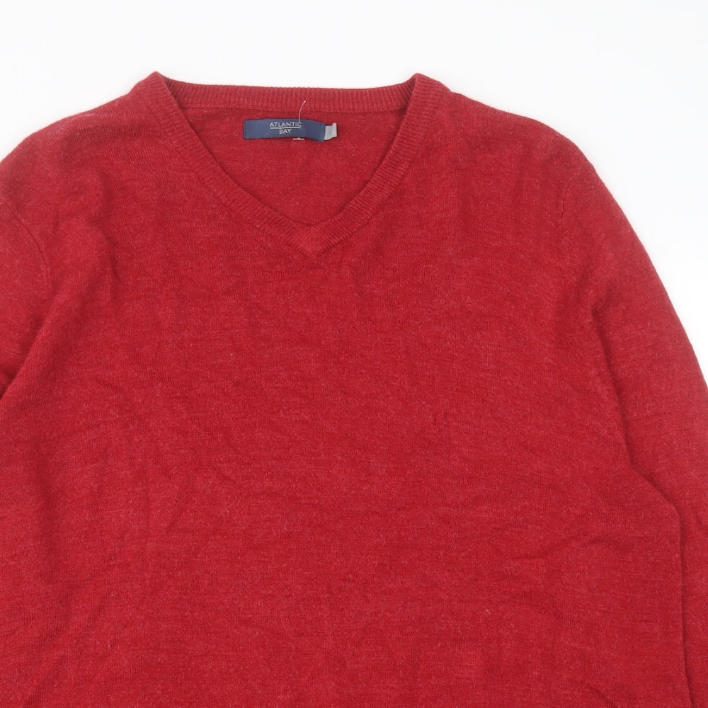Atlantic Bay Mens Red V-Neck  Acrylic Pullover Jumper Size L