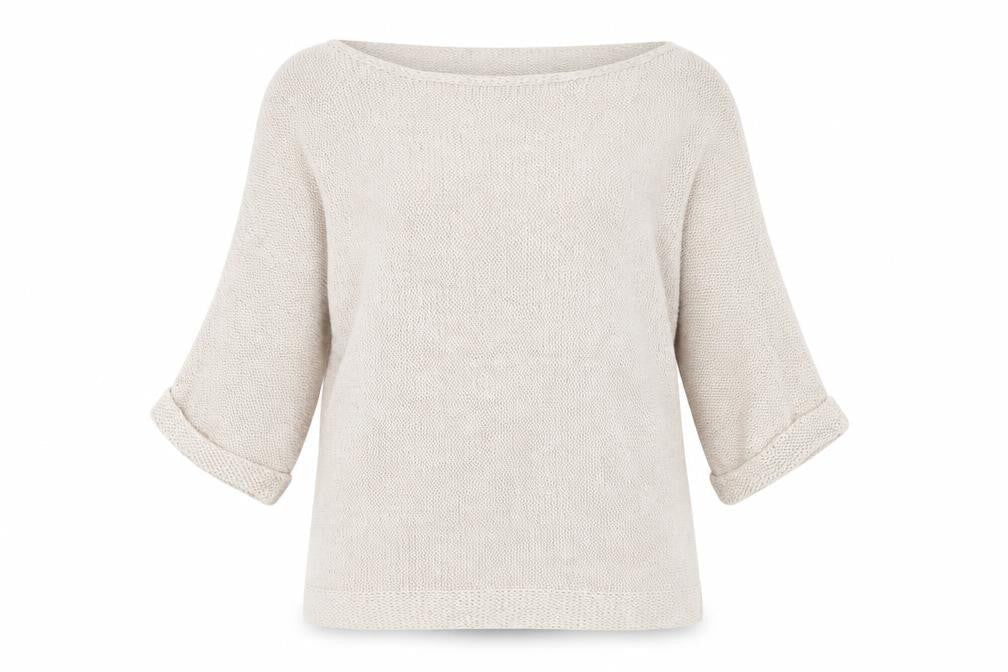 Front view of H&M women’s beige boat neck acrylic jumper, size XS