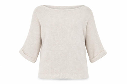 Front view of H&M women’s beige boat neck acrylic jumper, size XS
