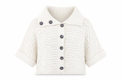 Front view of Bonmarché women’s beige collared acrylic cardigan jumper, size M