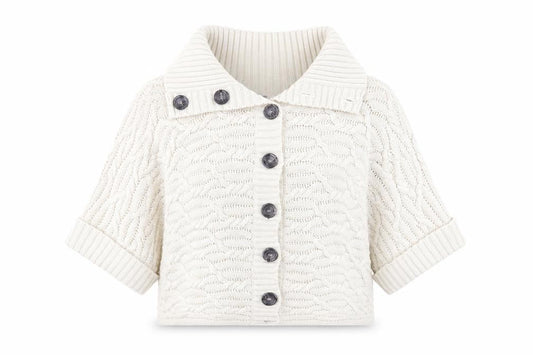 Front view of Bonmarché women’s beige collared acrylic cardigan jumper, size M