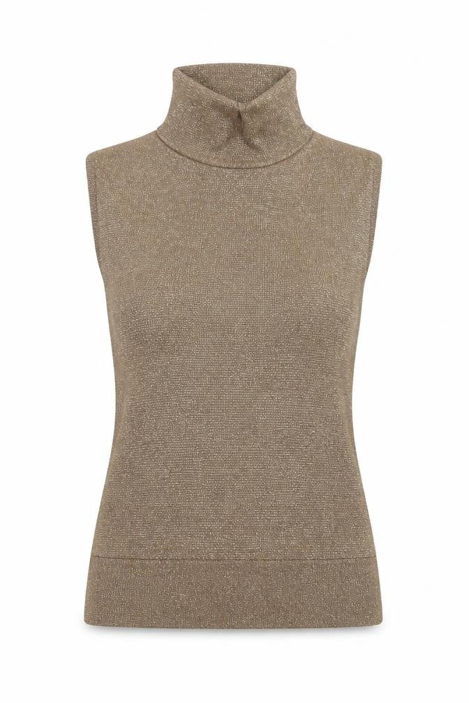 Front view of Preworn women’s gold high neck acrylic vest jumper one size