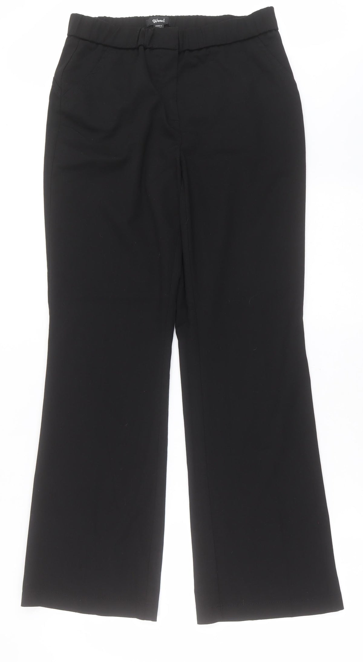 Additional front view of WOW women’s black polyester trousers, size UK 12, 31-inch leg regular hook & eye