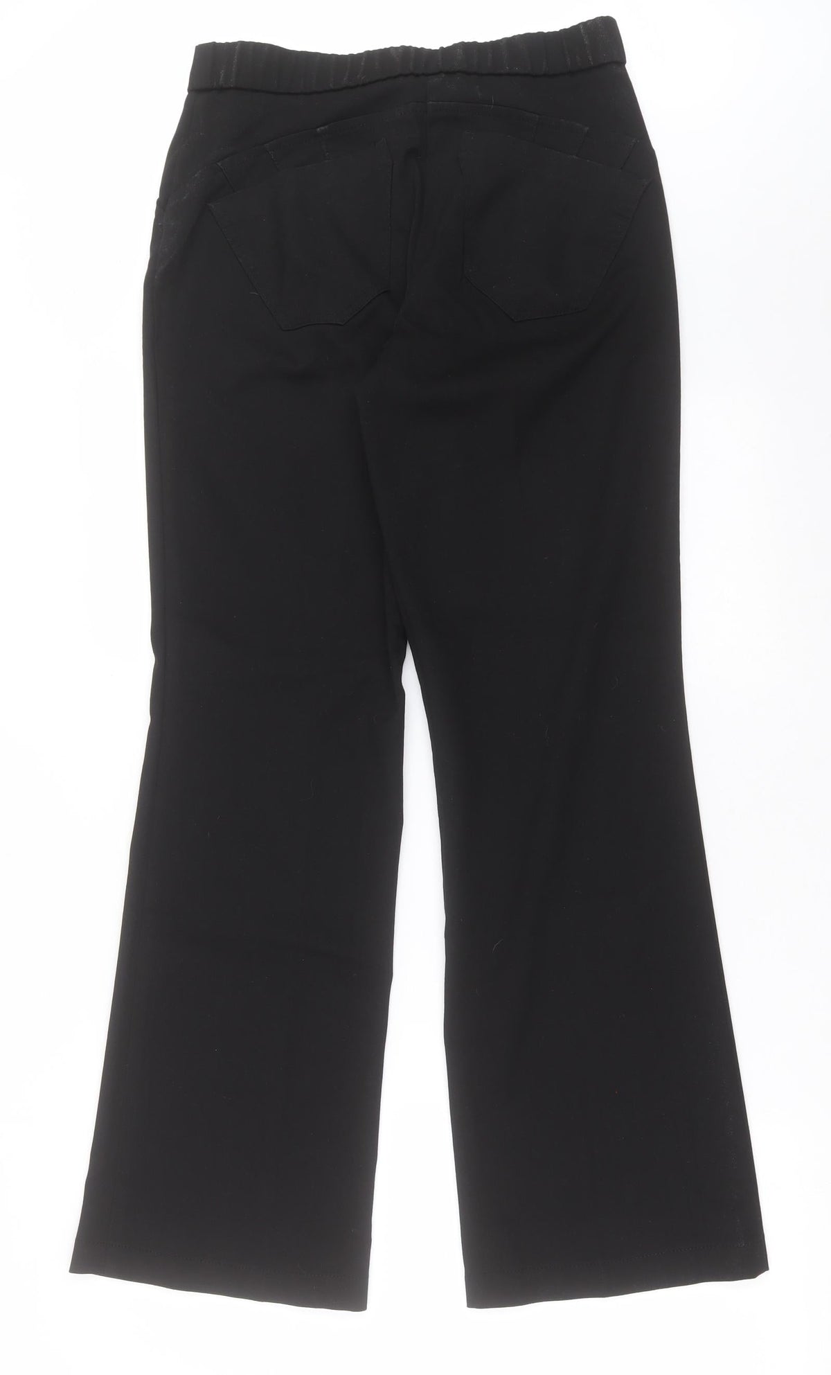 Back view of WOW women’s black polyester trousers, size UK 12, 31-inch leg regular hook & eye