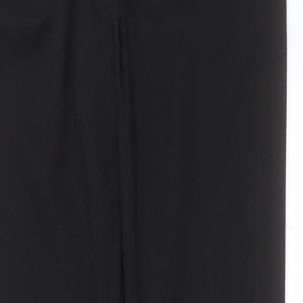 Close-up detail of WOW women’s black polyester trousers, size UK 12, 31-inch leg regular hook & eye